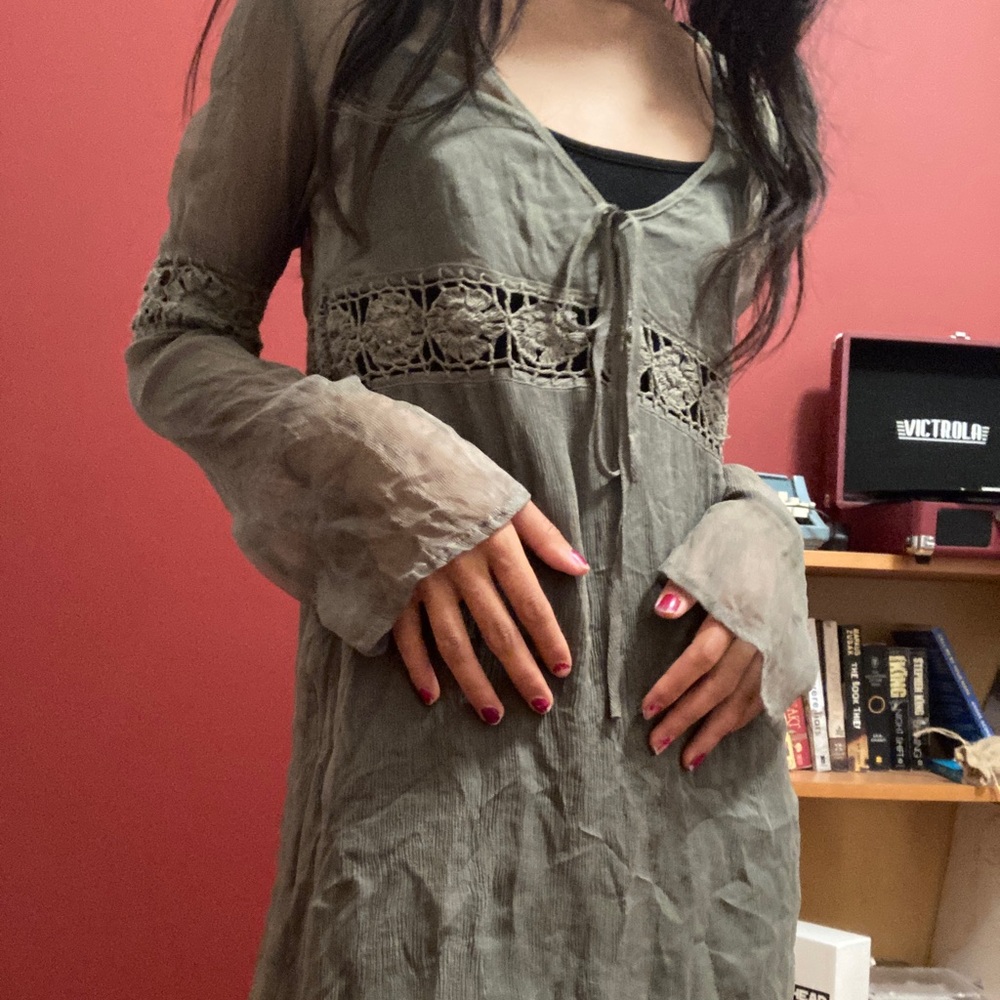 sage green fairycore crepe crochet top dress